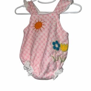 Vtg Carter's Pink Terrycloth checked sun flower emb romper eyelet trim 6m